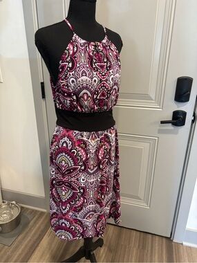 London Times Pink Paisley Halter Midi Skirt with Black Waistband